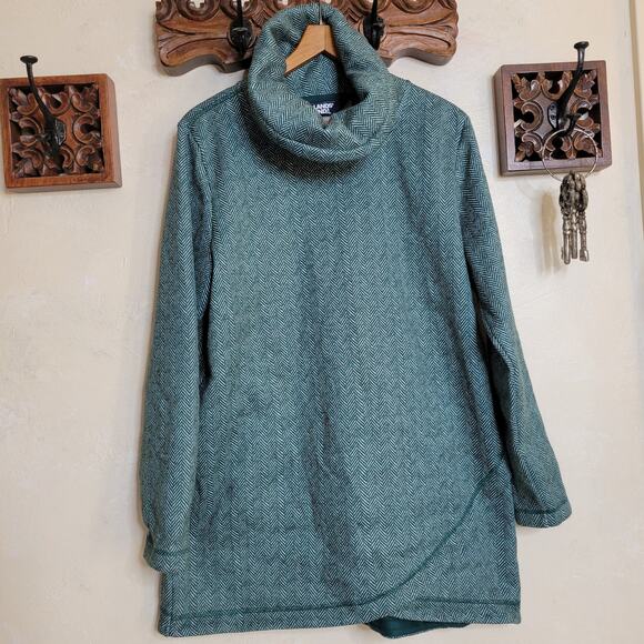 Lands End Cowl Funnel Neck Green Herringbone Fleece Pullover Tunic Sweater✨️L - Picture 12 of 13